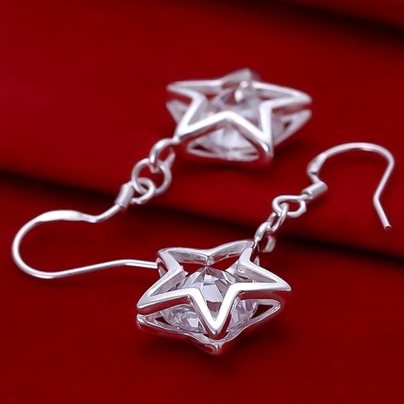 925 Silver Plated CZ Dangle Star Earrings - Picture 5 of 8